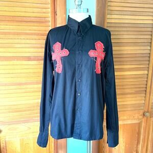 Vintage Gothic Victorian Vampire Punk Vkei Mens Black Cotton Red Cross Shirt L